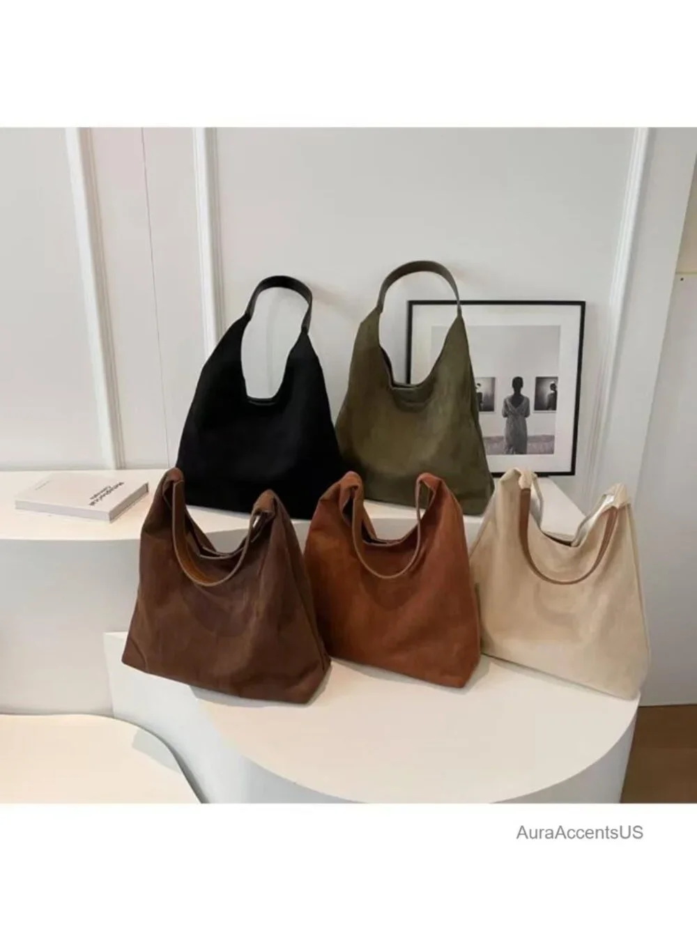 Faux Suede Hobo Bag Women Retro Slouchy Tote Top Handle Shoulder